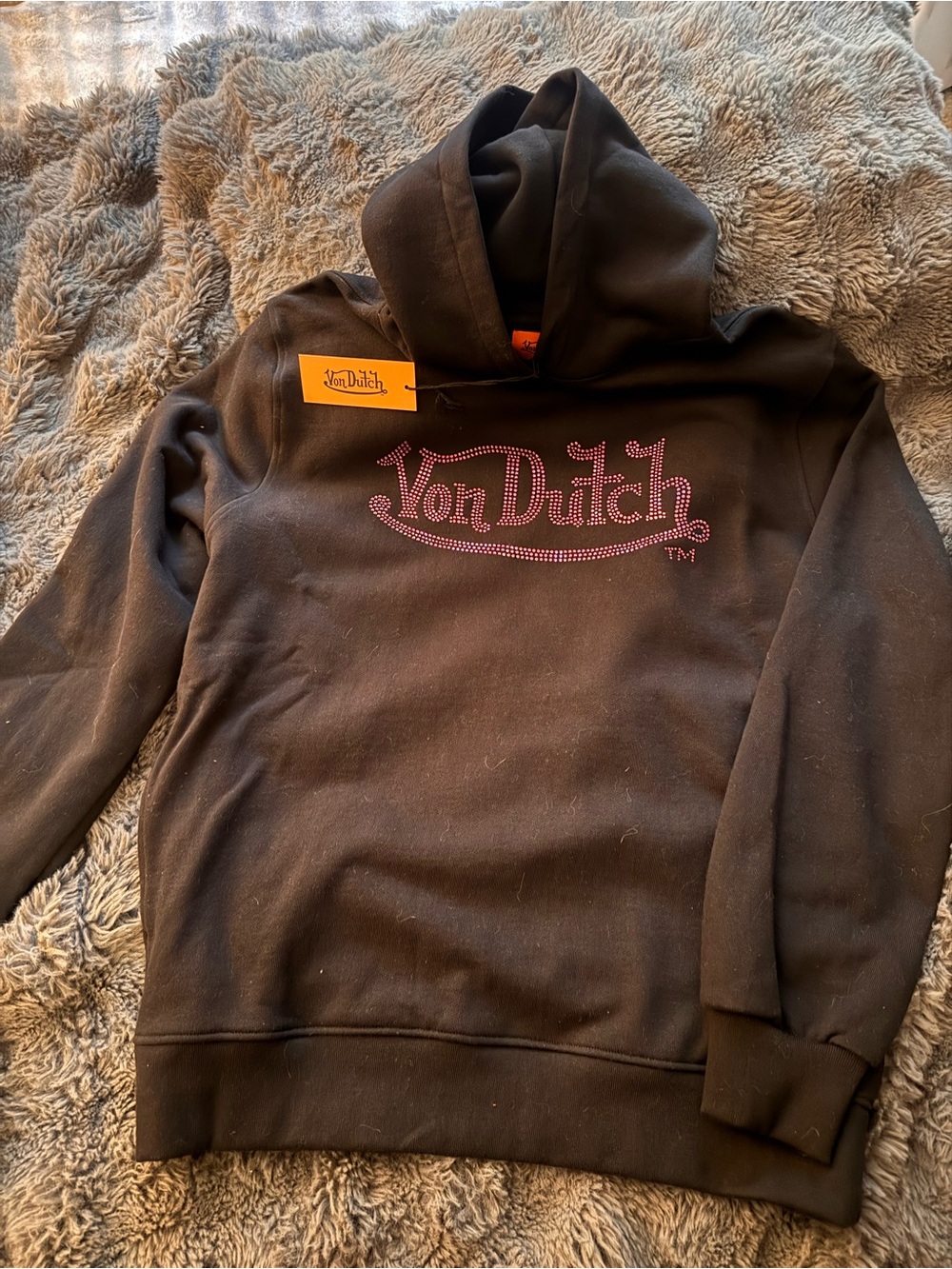 Von Dutch Black Pink Rhinestone Logo Hoodie Women’s Large NWT Y2K